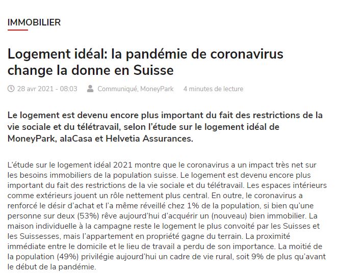 Logement idéal: la pandémie de coronavirus change la donne en Suisse